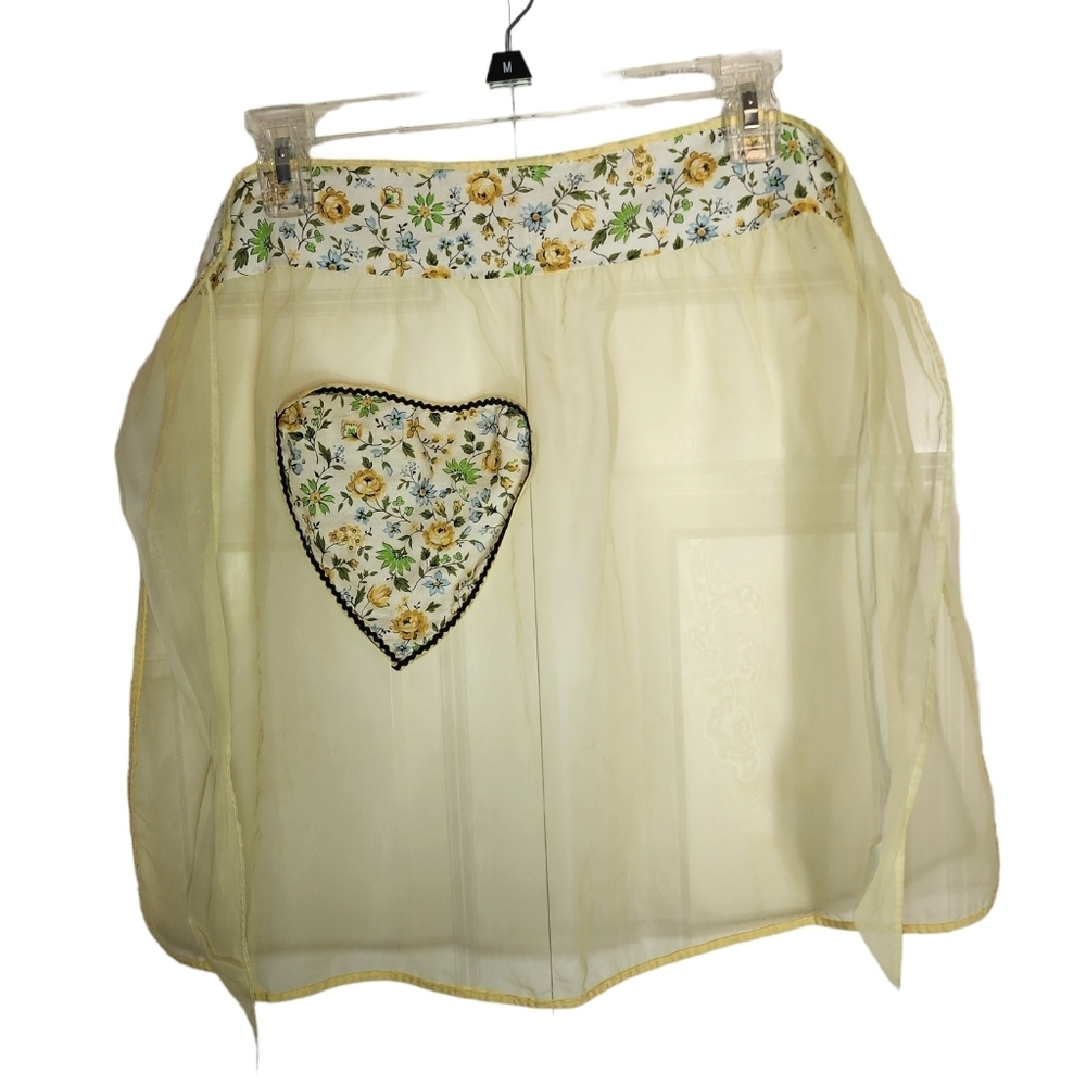 Vintage Yellow sheer 1 print pocket half apron OSFM